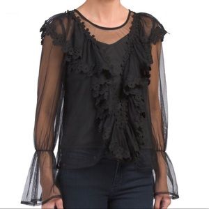 NWT INA  Black Lace Ruffle Long Sleeve Top
